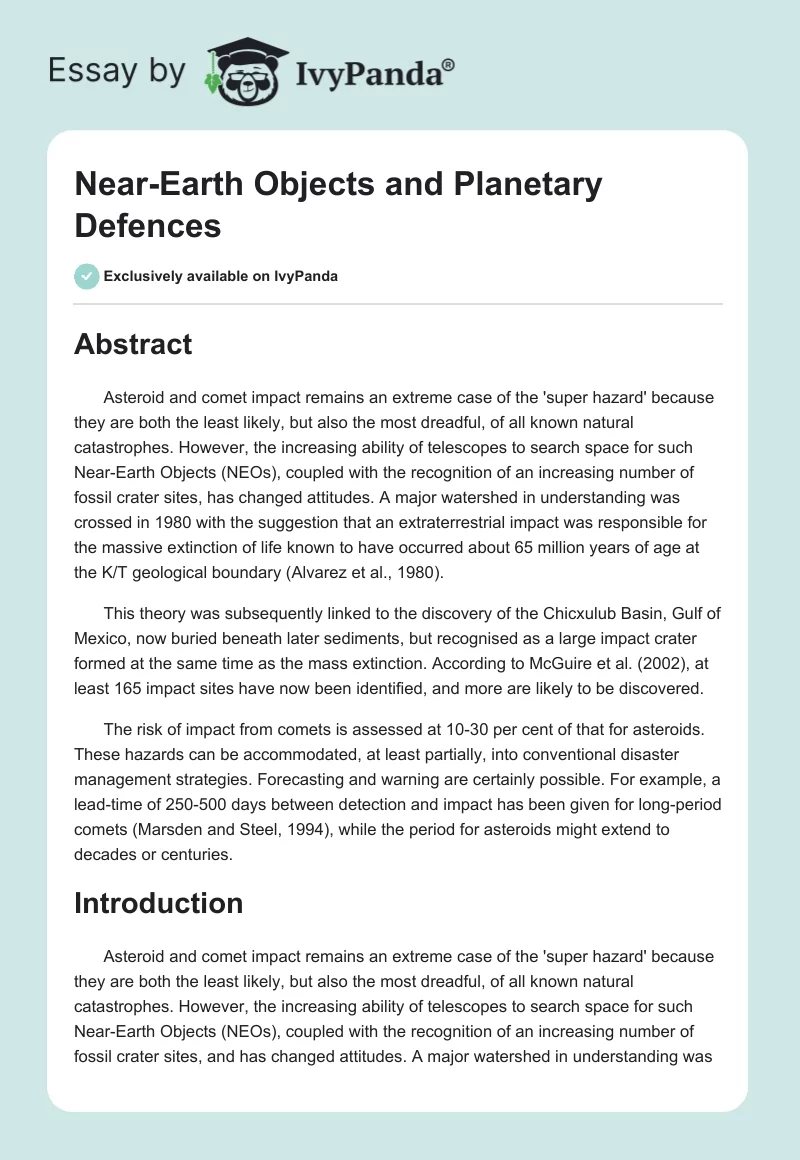 Near-Earth Objects and Planetary Defences. Page 1