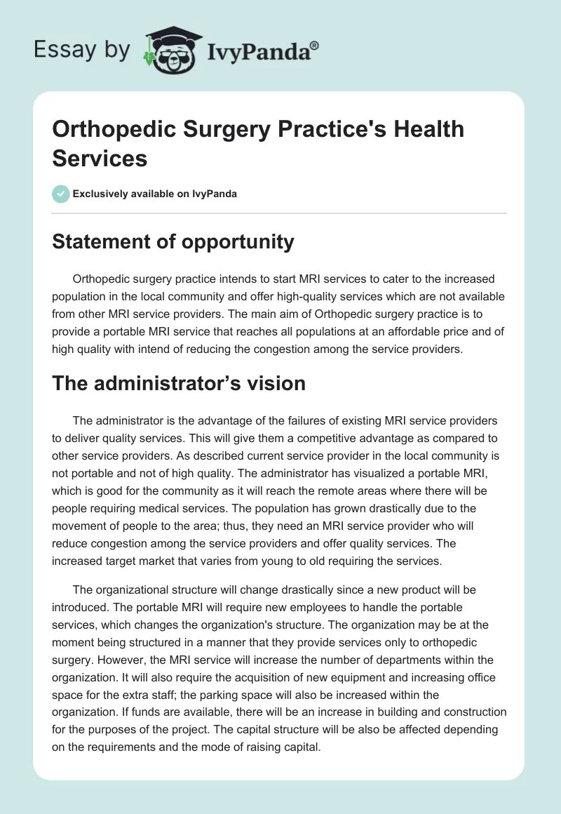 Orthopedic Surgery Practice's Health Services. Page 1