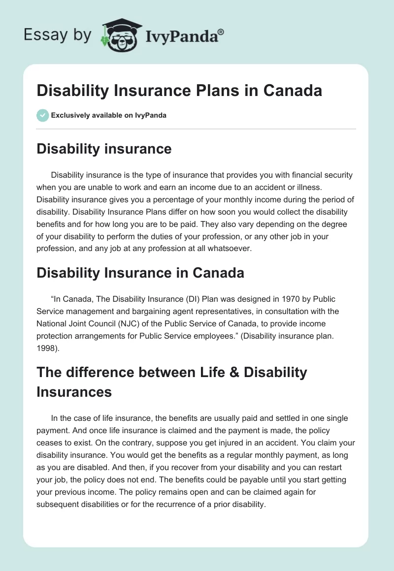 Disability Insurance Plans in Canada. Page 1
