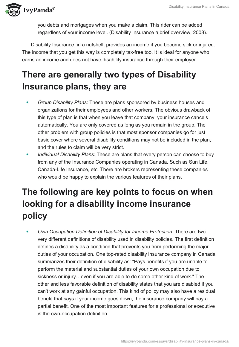 Disability Insurance Plans in Canada. Page 3