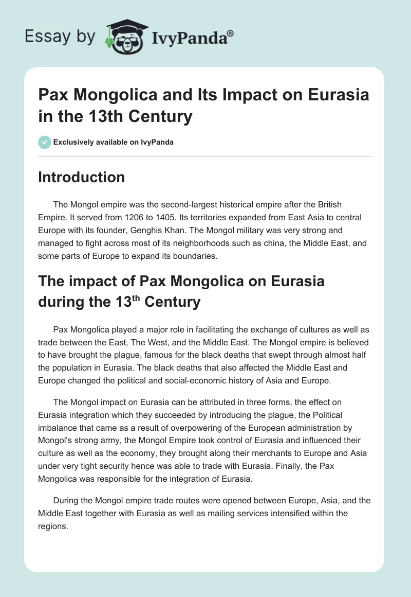 Pax Mongolica and Its Impact on Eurasia in the 13th Century. Page 1