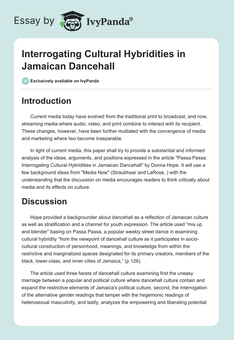 Interrogating Cultural Hybridities in Jamaican Dancehall. Page 1