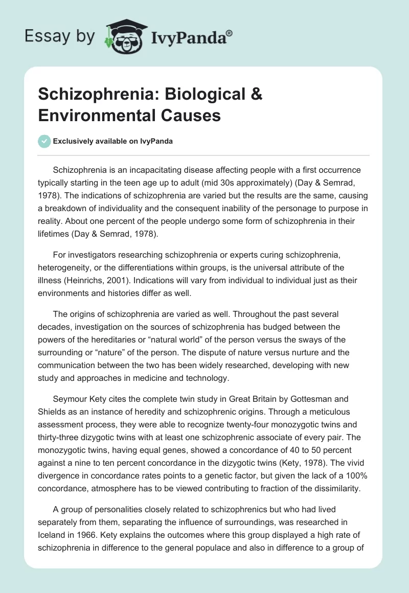 Schizophrenia: Biological & Environmental Causes. Page 1