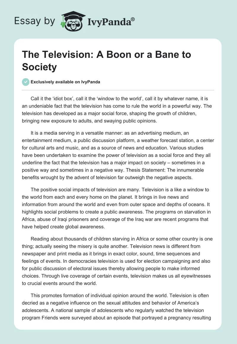 The Television: A Boon or a Bane to Society. Page 1