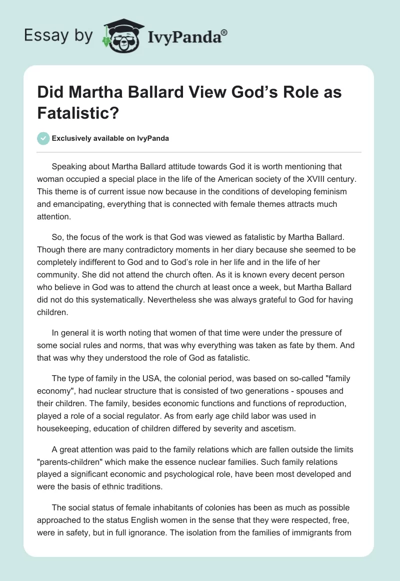 Did Martha Ballard View God’s Role as Fatalistic?. Page 1