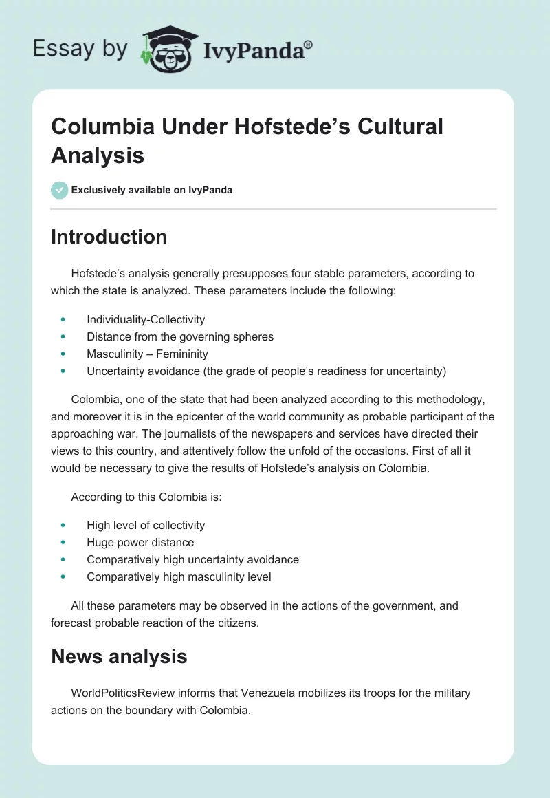Columbia Under Hofstede’s Cultural Analysis. Page 1