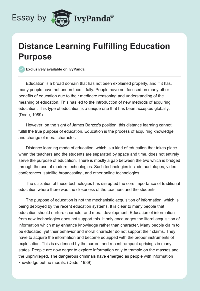 Distance Learning Fulfilling Education Purpose. Page 1