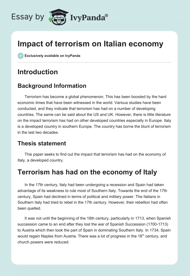 Impact of Terrorism on Italian Economy. Page 1
