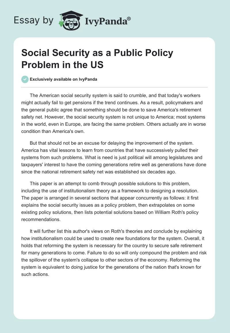 Social Security as a Public Policy Problem in the US. Page 1