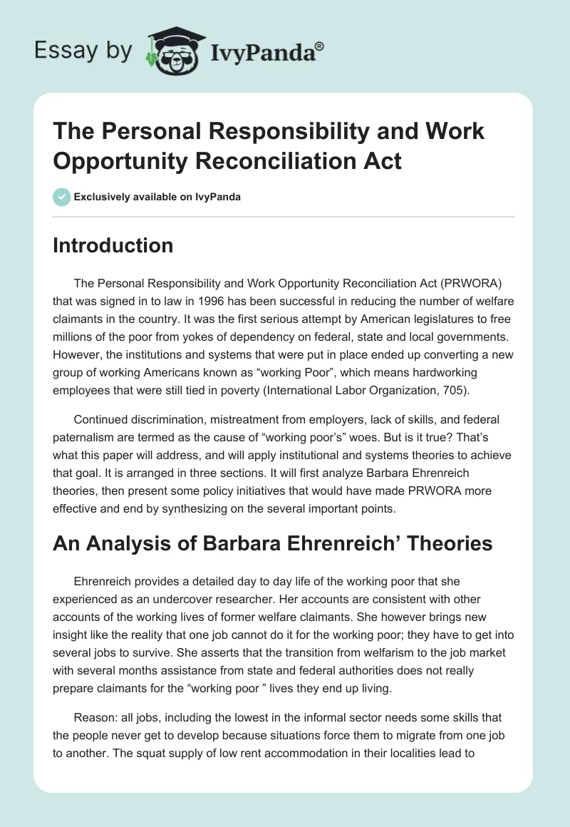 The Personal Responsibility and Work Opportunity Reconciliation Act. Page 1