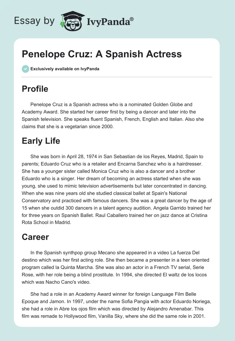 Penelope Cruz: A Spanish Actress. Page 1