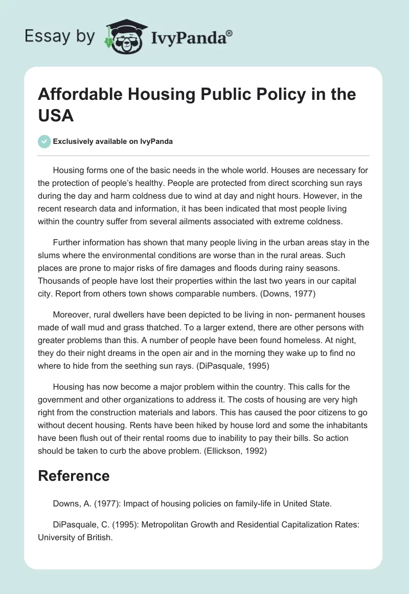 Affordable Housing Public Policy in the USA. Page 1