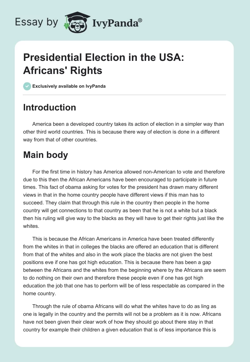 Presidential Election in the USA: Africans' Rights. Page 1