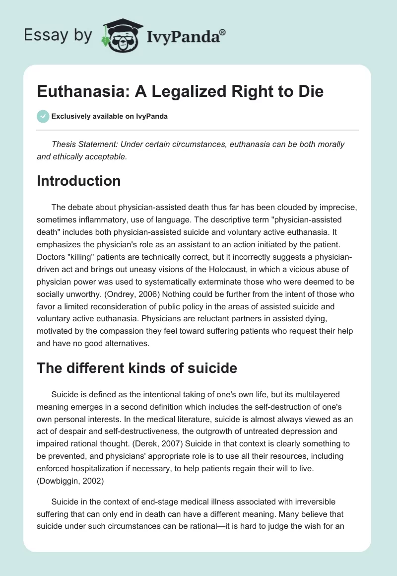 Euthanasia: A Legalized Right to Die. Page 1