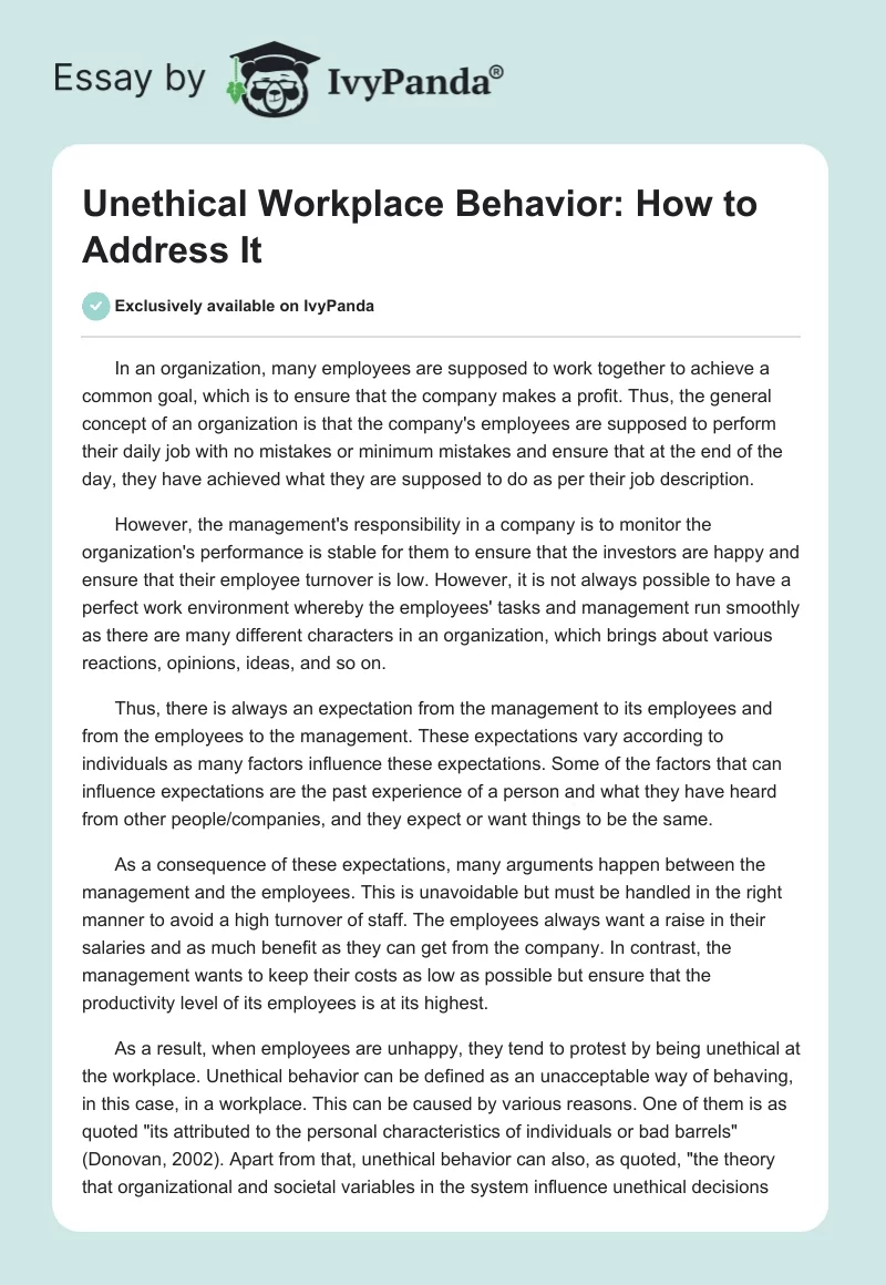 Unethical Workplace Behavior: How to Address It. Page 1