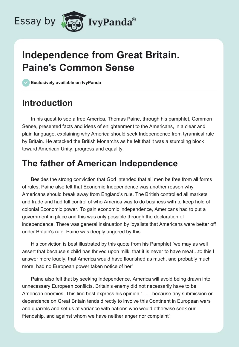Independence from Great Britain. Paine's "Common Sense". Page 1