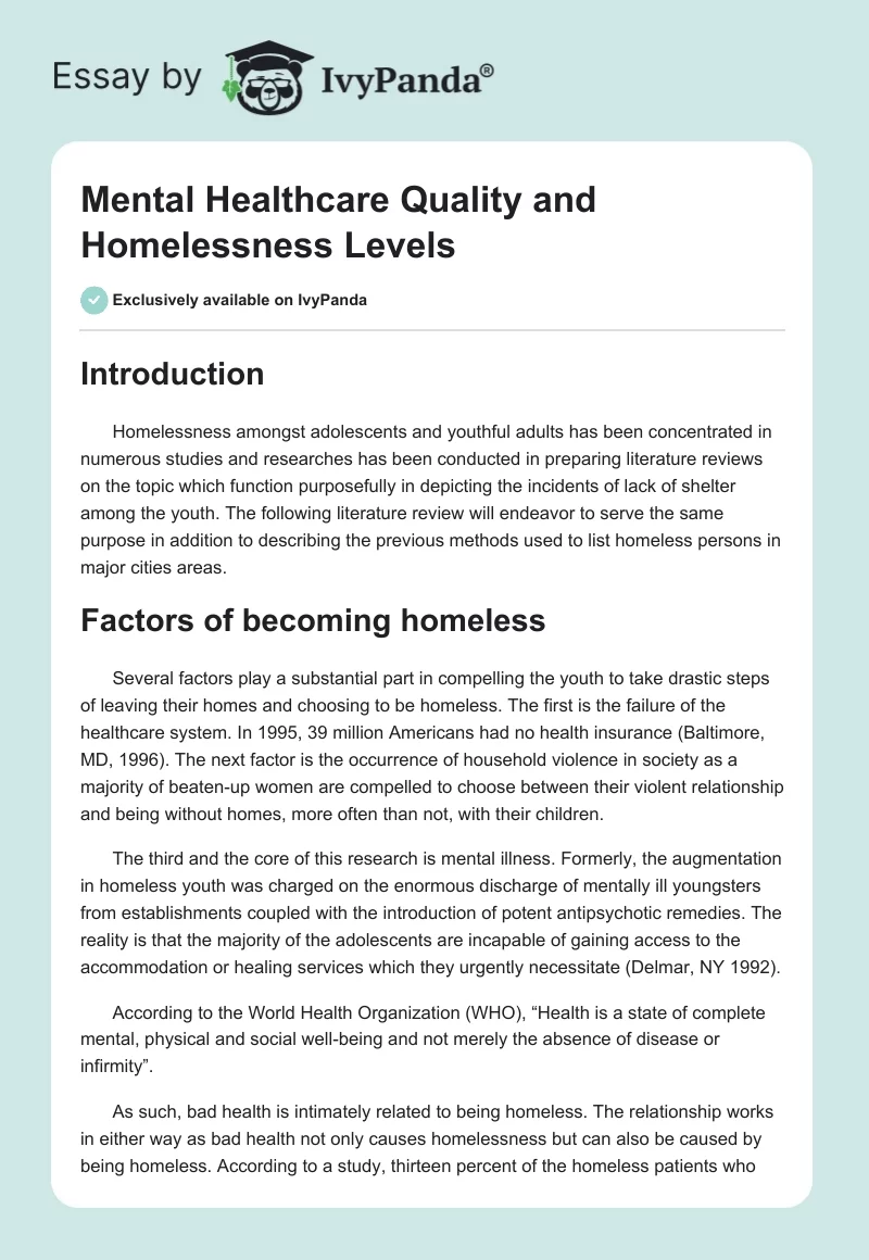 Mental Healthcare Quality and Homelessness Levels. Page 1