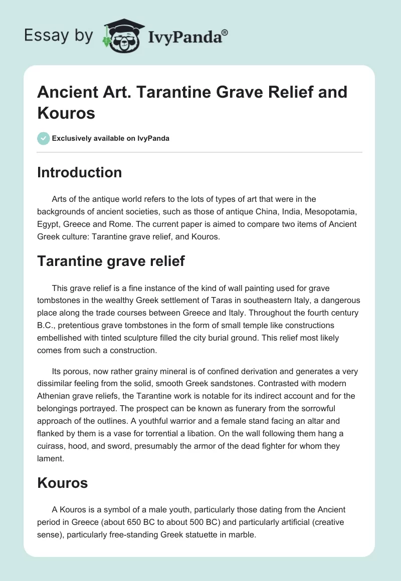 Ancient Art. Tarantine Grave Relief and Kouros. Page 1