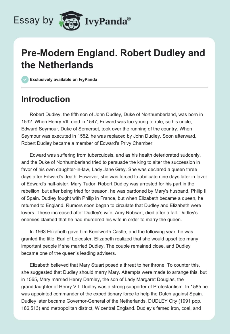 Pre-Modern England. Robert Dudley and the Netherlands. Page 1