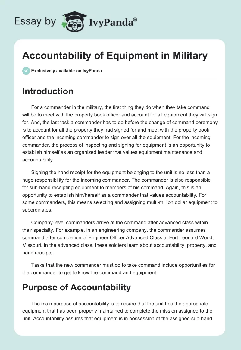 Accountability of Equipment in Military. Page 1