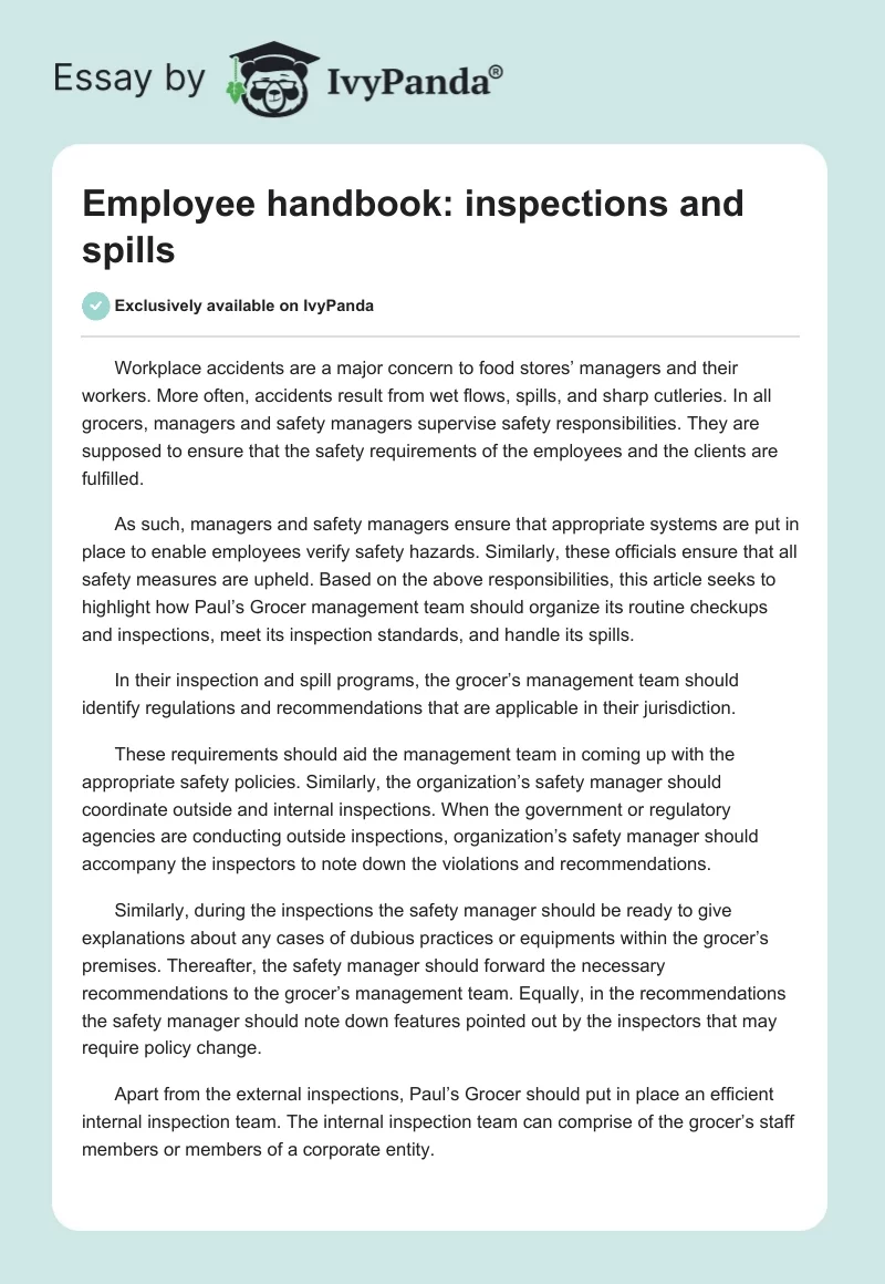 Employee handbook: inspections and spills. Page 1