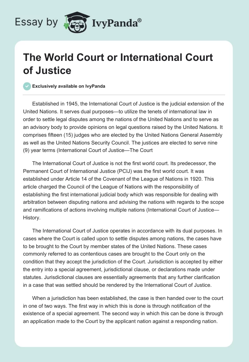 The World Court or International Court of Justice. Page 1