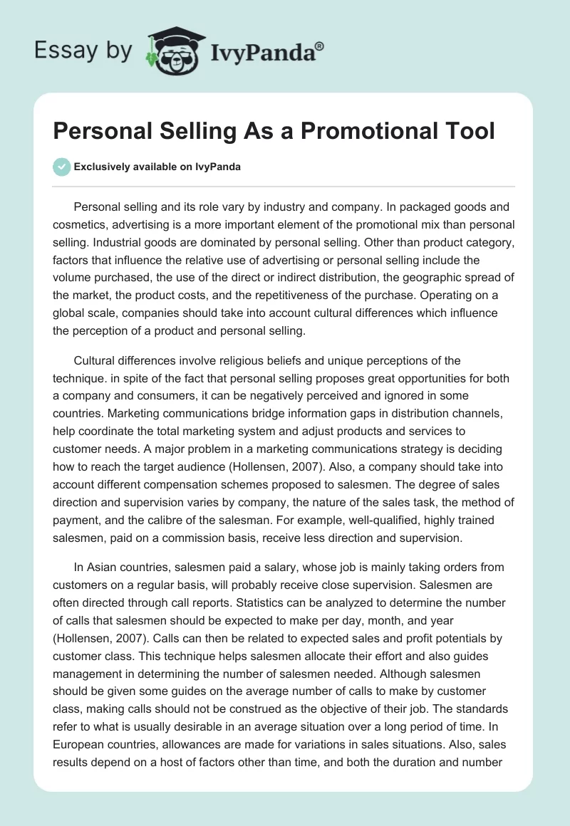 Personal Selling As a Promotional Tool. Page 1