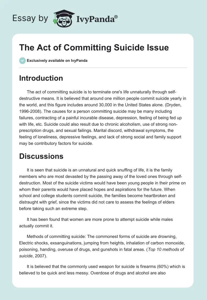 The Act of Committing Suicide Issue. Page 1