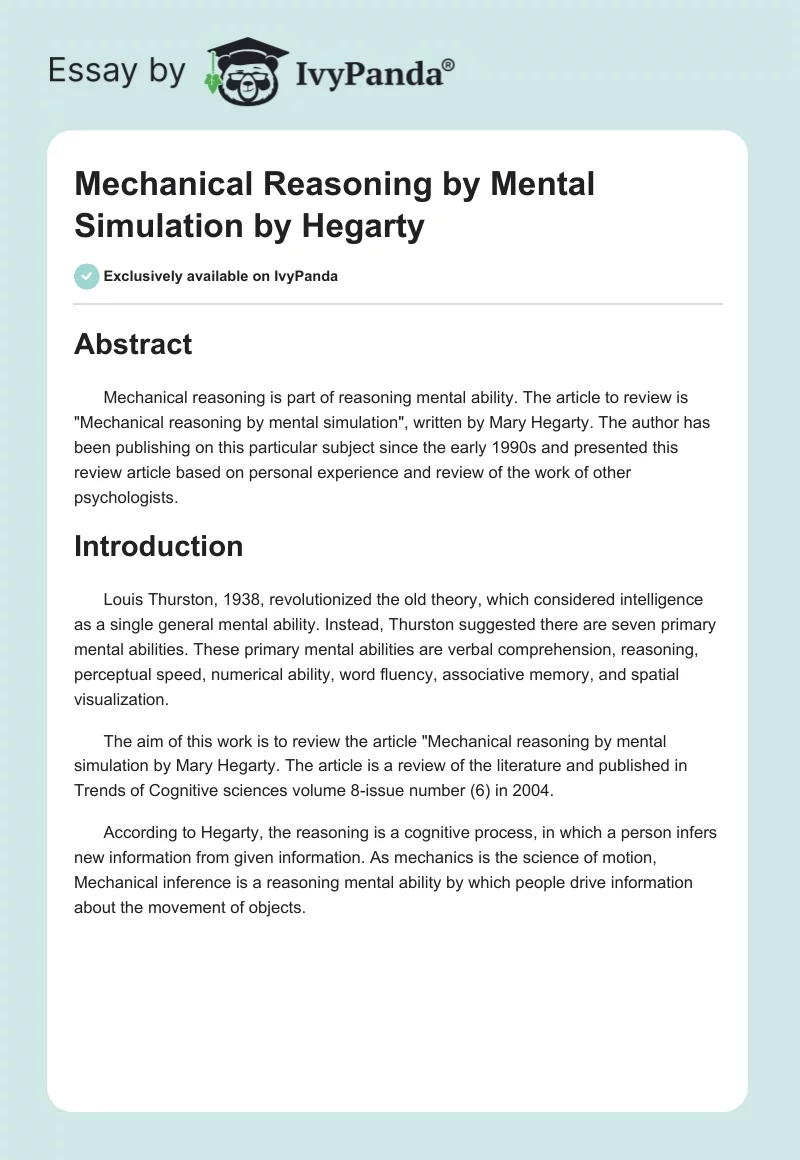 "Mechanical Reasoning by Mental Simulation" by Hegarty. Page 1