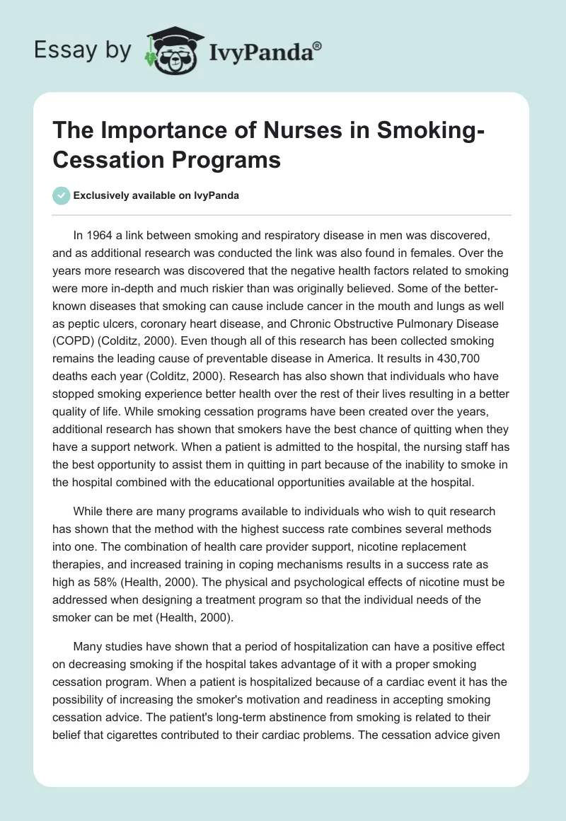 The Importance of Nurses in Smoking-Cessation Programs. Page 1
