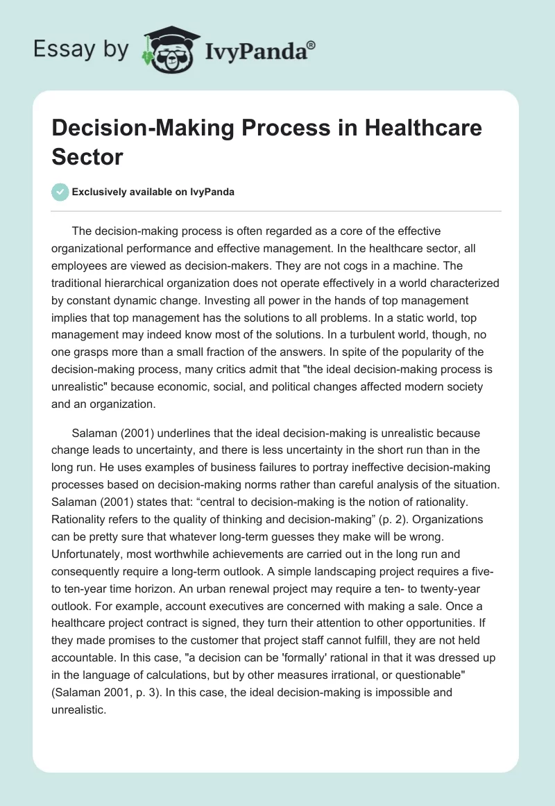 Decision-Making Process in Healthcare Sector. Page 1