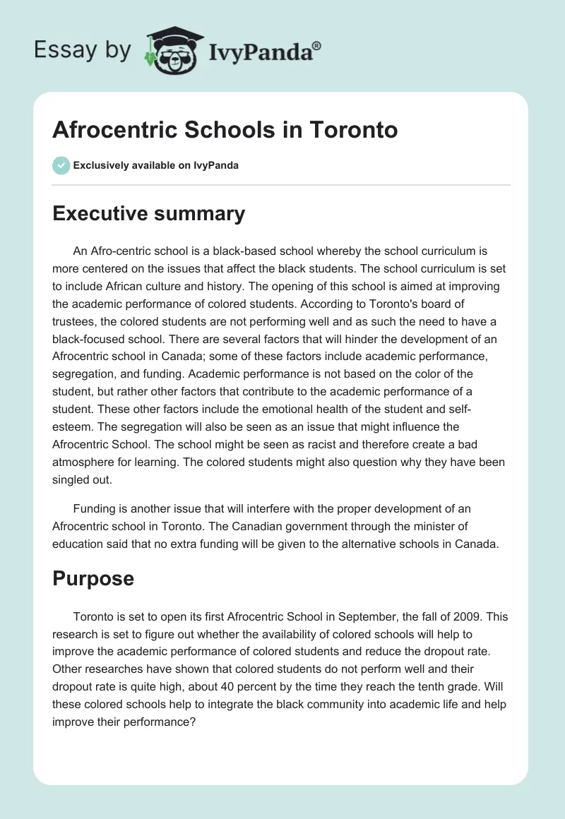 Afrocentric Schools in Toronto. Page 1