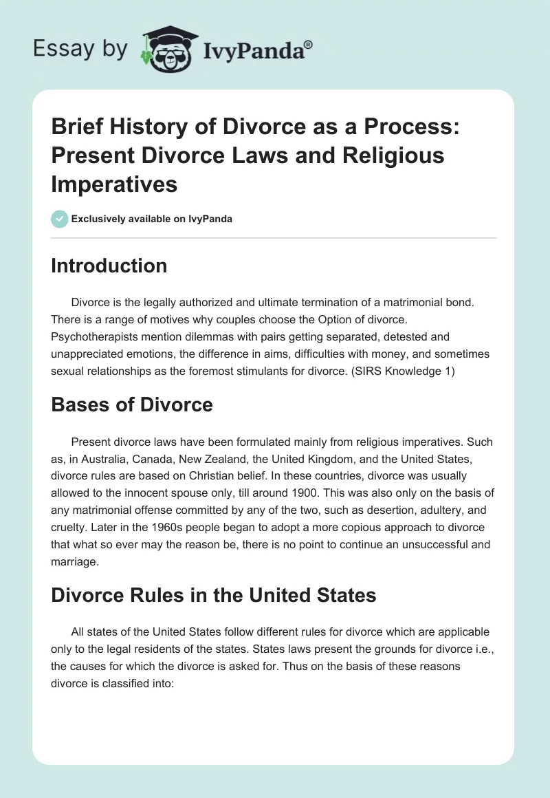 Brief History of Divorce as a Process: Present Divorce Laws and Religious Imperatives. Page 1