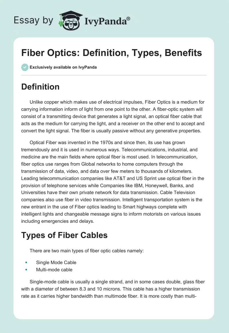 Fiber Optics: Definition, Types, Benefits. Page 1