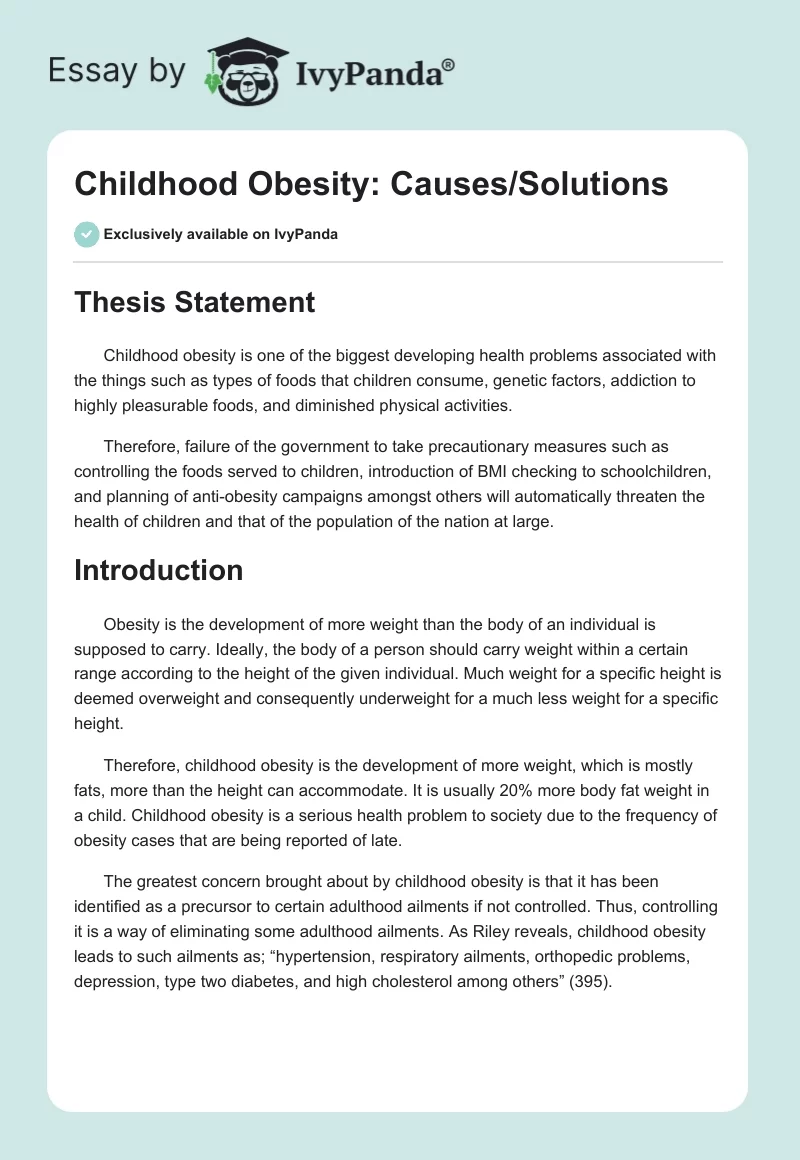 Childhood Obesity: Causes/Solutions. Page 1