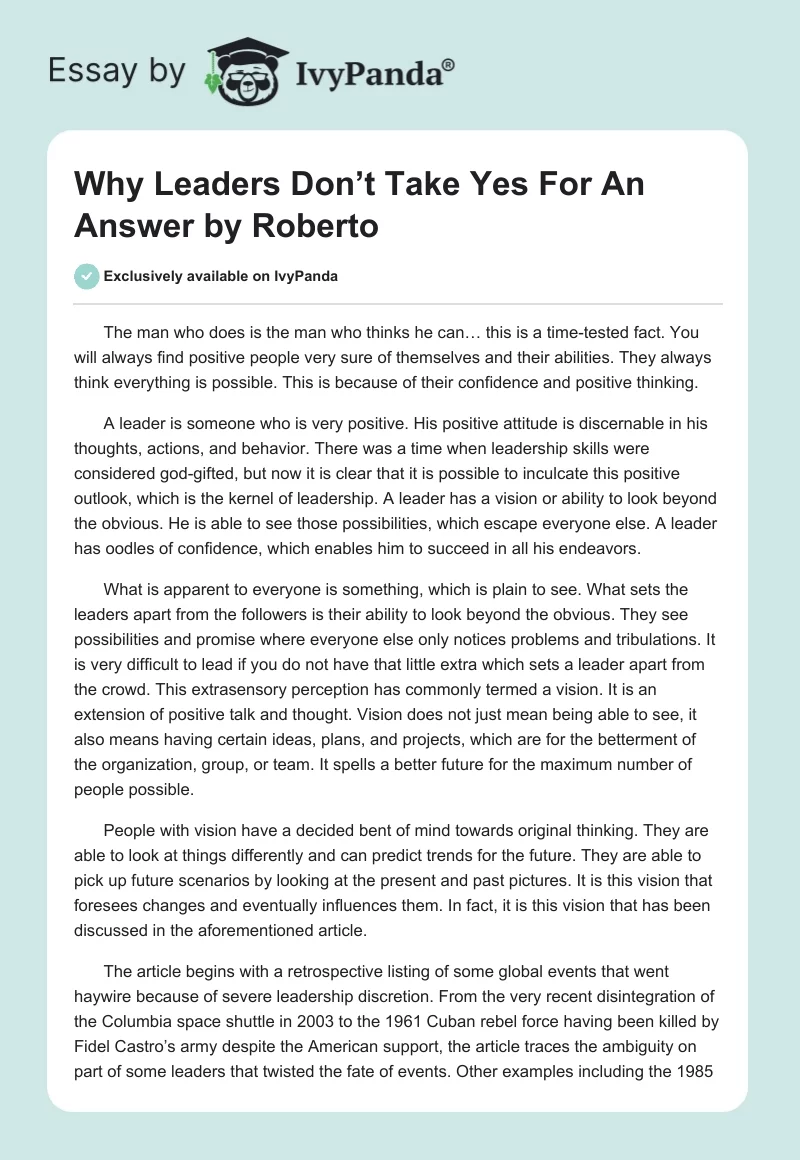 "Why Leaders Don’t Take Yes For An Answer" by Roberto. Page 1