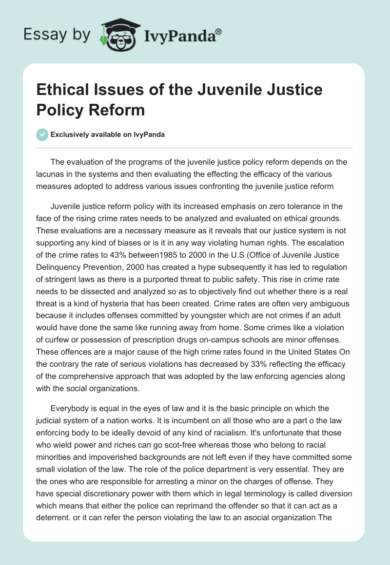 Ethical Issues of the Juvenile Justice Policy Reform. Page 1