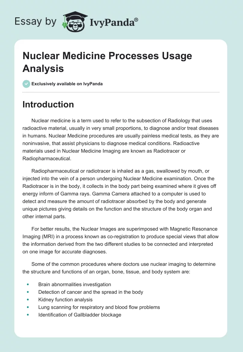 Nuclear Medicine Processes Usage Analysis. Page 1