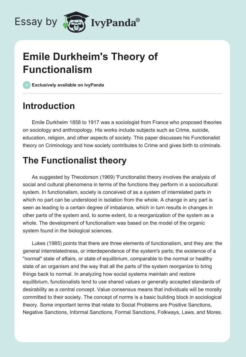 Emile Durkheim's Theory of Functionalism. Page 1