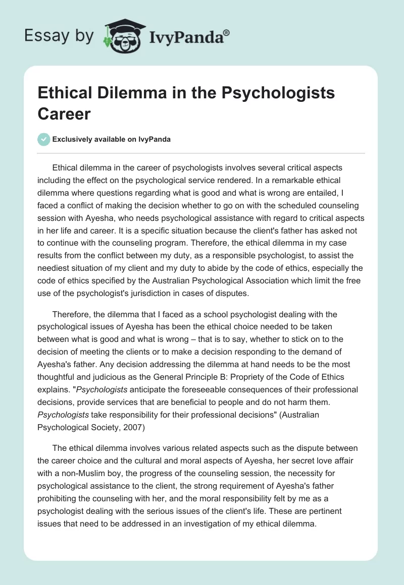 Ethical Dilemma in the Psychologists Career. Page 1