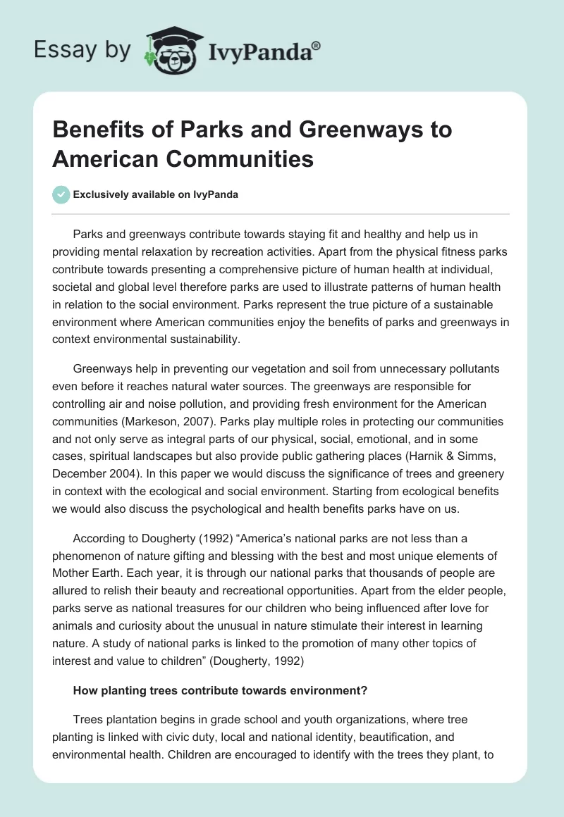Benefits of Parks and Greenways to American Communities. Page 1