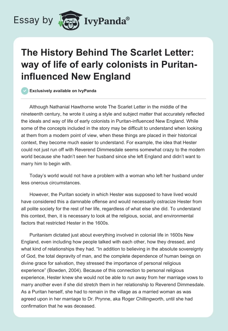 The History Behind The Scarlet Letter: Way of Life of Early Colonists in Puritan-Influenced New England. Page 1