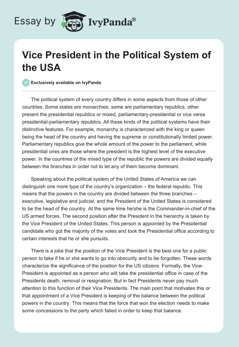 Vice President in the Political System of the USA. Page 1
