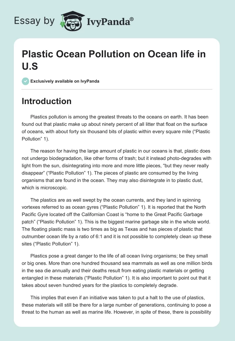 Plastic Ocean Pollution on Ocean Life in U.S.. Page 1