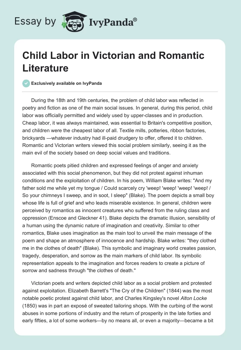 Child Labor in Victorian and Romantic Literature. Page 1