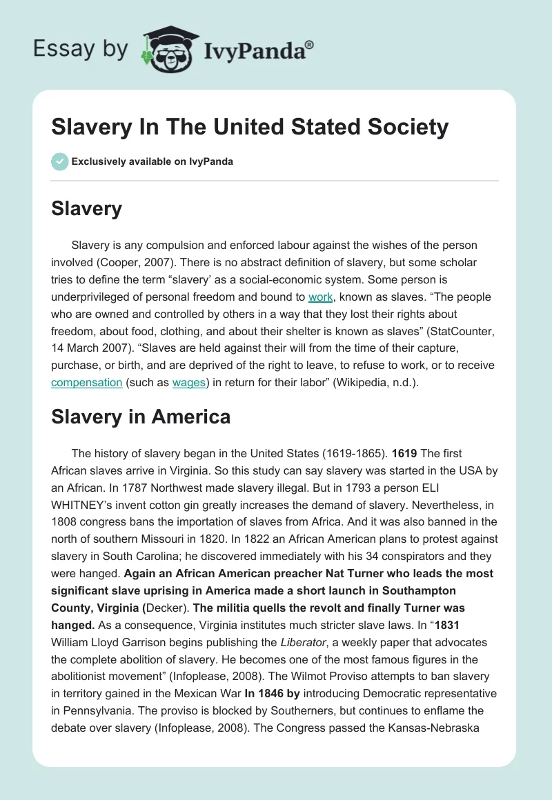 Slavery In The United Stated Society. Page 1