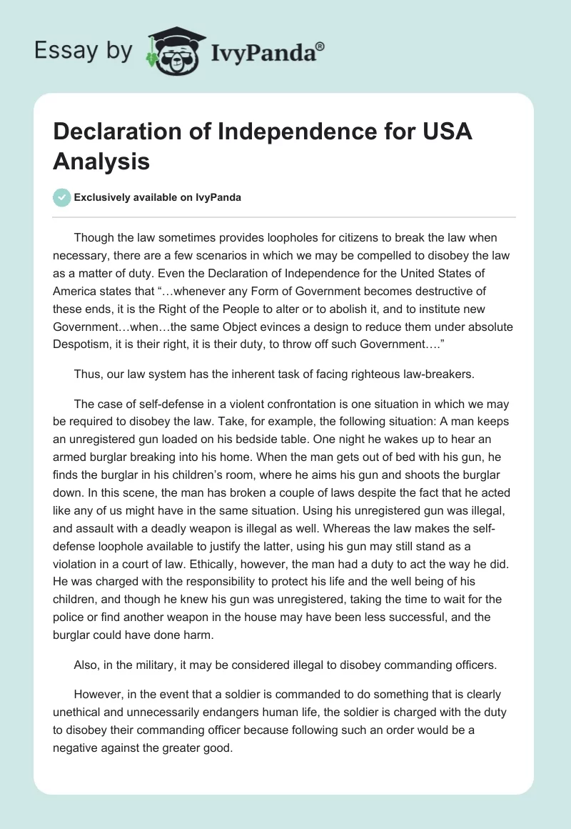 Declaration of Independence for USA Analysis. Page 1