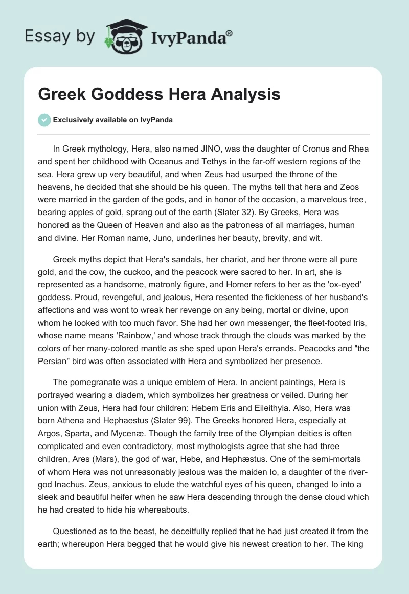 Greek Goddess Hera Analysis. Page 1
