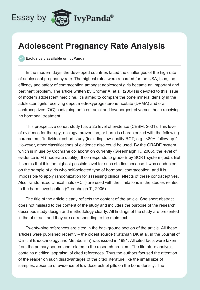 Adolescent Pregnancy Rate Analysis. Page 1