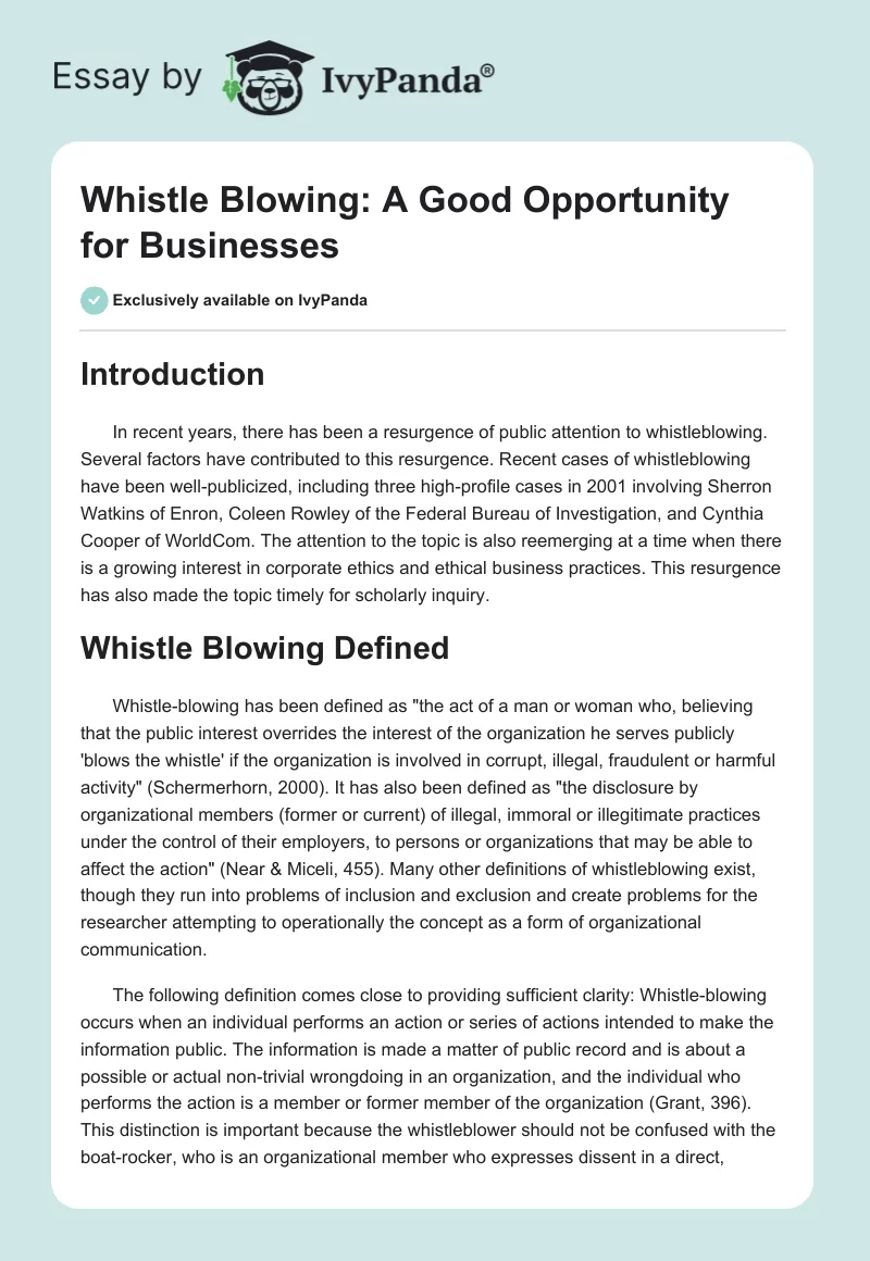 Whistle Blowing: A Good Opportunity for Businesses. Page 1